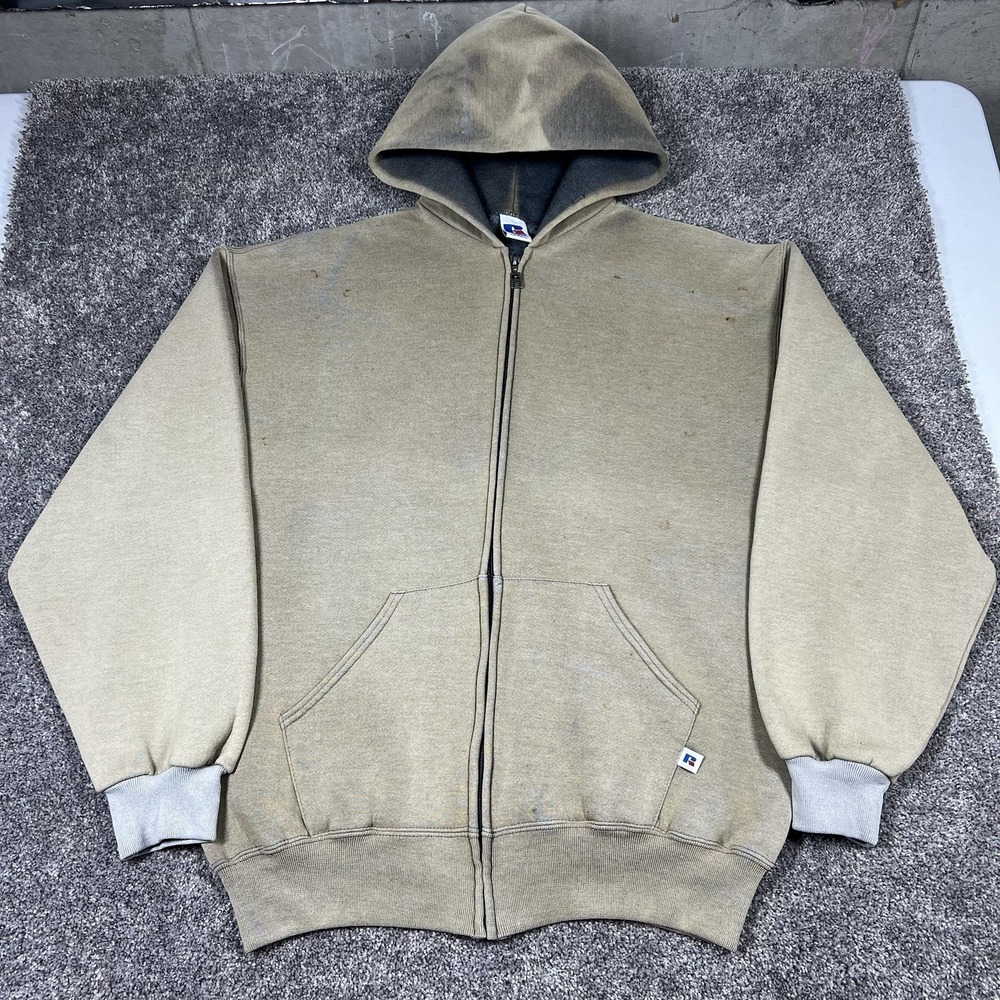 Vintage 90s Russell Athletic Zip Up Hoodie Sweatshirt L Faded Grey/Earth Tone